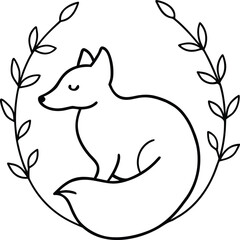 detailed fox curled around floral wreath illustration on transparent background