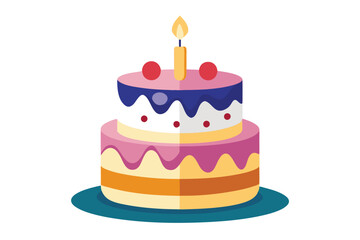 Colorful twotiered cake with red fruit and one candle sits on blue plate