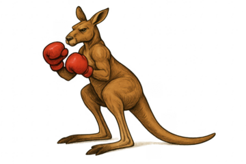 Kangaroo boxing, wearing red gloves, fighting stance