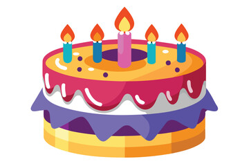 A tiered cake topped with pink icing and five burning candles sits isolated