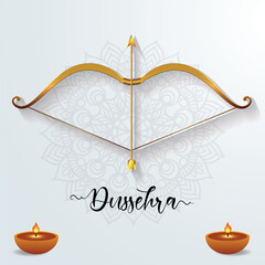 Elegant Golden Bow And Arrow With Dussehra Theme, Mandala Backdrop, And Diya Lamps