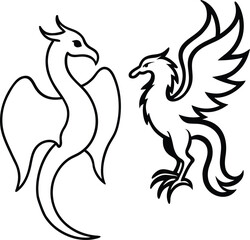 Fototapeta premium fantasy dragon and phoenix facing each other illustration on transparent background