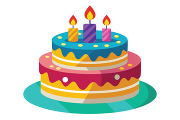 A two tiered cake features brightly colored icing and lit candles on a blue plate