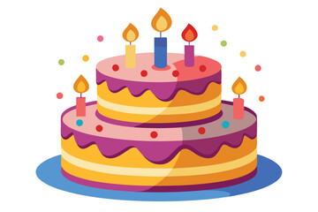 Colorful two tiered cake displays bright burning candles with cheerful sprinkles surrounding the decoration