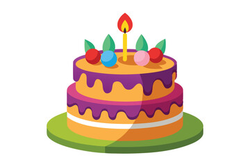 Two layer cake with purple dripping icing, leaves, candy balls and candle