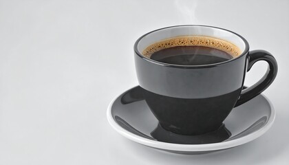 Steaming black coffee in a black mug with matching saucer on a white surface