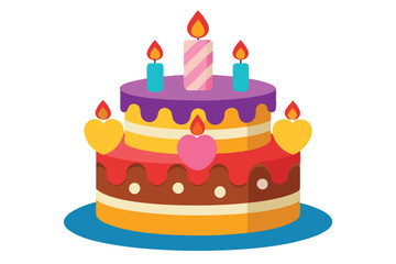 Two tiered cake is adorned with candles and heart shapes on blue stand
