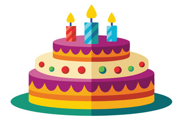 Colorful three tiered cake rests on the green plate adorned with vivid candles