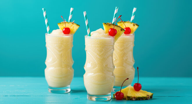 Tropical pi&ntilde;a colada smoothies in tiki glasses, decorated with pineapple wedges and cherries, striped paper straws, turquoise background