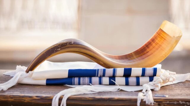 Jewish shofar on tallit, Rosh Hashanah tradition, sacred horn, prayer shawl, religious heritage, Yom Kippur celebration, faith ritual, cultural identity, holy observance, spirituality