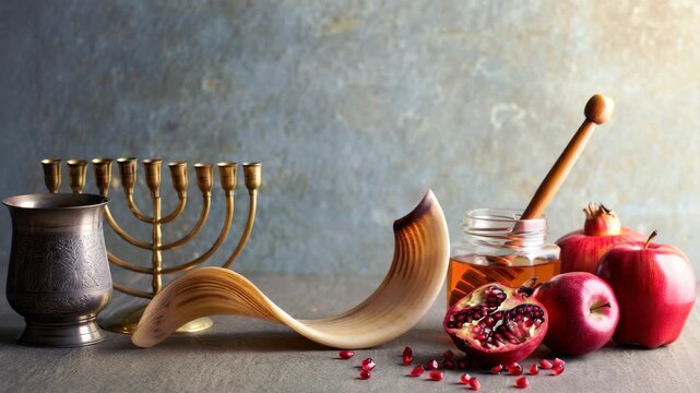Yom Kippur Jewish holiday composition with shofar, kiddush cup, apples, pomegranate, honey and menorah, traditional symbols of repentance, fasting and sacred spiritual observance