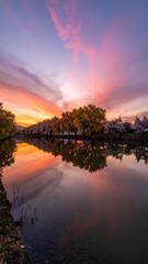 Sunrise over a canal with cherry blossoms