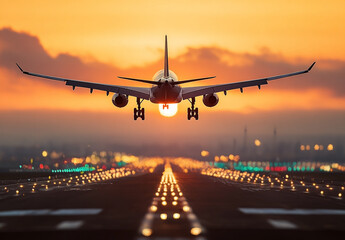 Fototapeta premium Airplane landing at sunset over airport runway
