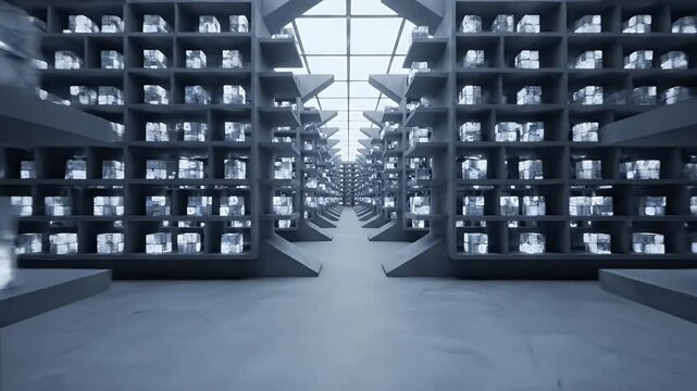 Futuristic Warehouse Interior with Rows of Luminous Ice Cubes on Shelves, Cinematic Camera Movement