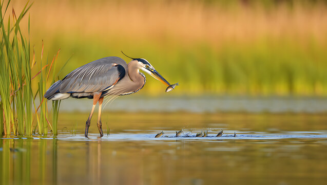 Great blue heron catching a small fish in its beak at the edge of a tranquil pond with reeds bird