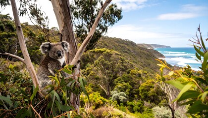 Obraz premium Koala perched in a tree with coastal views in background; ocean, cliffs, lush vegetation