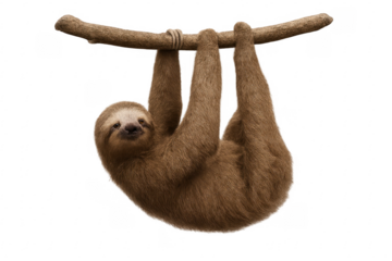 Sloth hanging upside down on branch transparent background