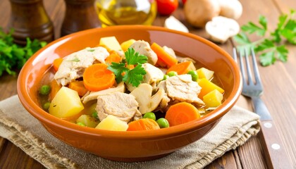 Hearty bowl filled with chicken stew and vegetables, atop a rustic wooden table