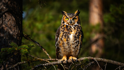 Great Horned Owl Perched on a Pine Tree Branch in a Forest Setting bird raptor