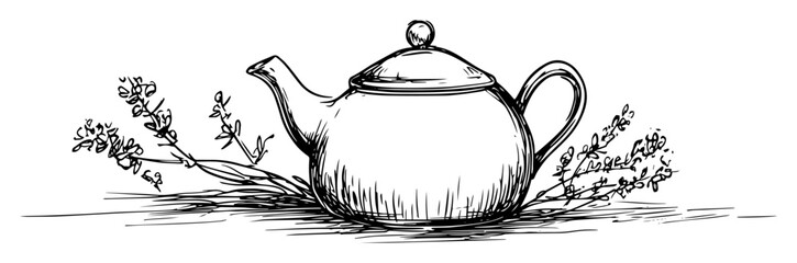 vintage teapot with herbs illustration
