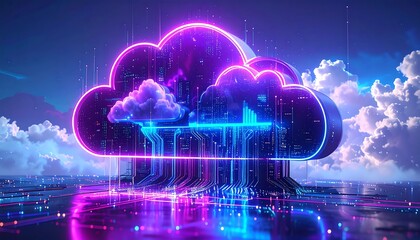 A glowing cloud sits on a circuit board surface with cityscape and sky background