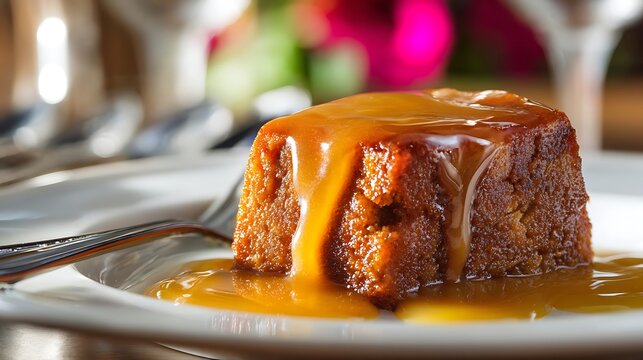 South African Malva Pudding isolated on a white plate, warm cake covered with glossy sauce, pink and yellow light highlighting texture and color