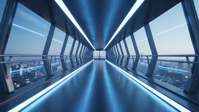 Journey Through a Modern Sci-Fi Skybridge with Glowing Blue Neon Lights and Cityscape Views