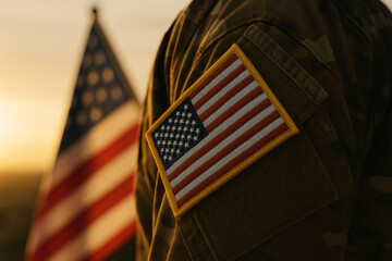 Happy Verterans Day close-up of US soldier patch on uniform with flag