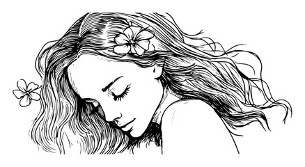 Fototapeta premium woman with flowers in hair hand drawn portrait