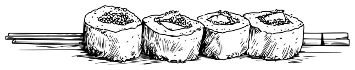 four sushi rolls on chopsticks vector drawing