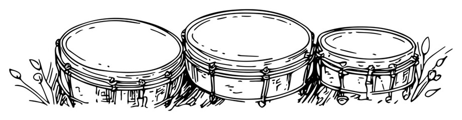 set of three drums in grass sketch