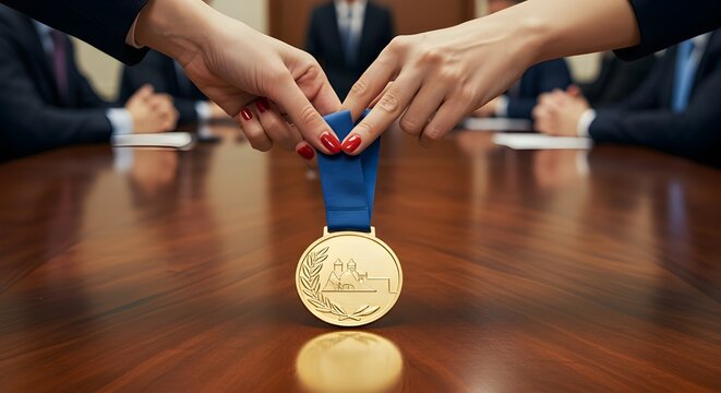Hands holding golden medal on meeting table, symbolizing success, recognition and corporate achievement