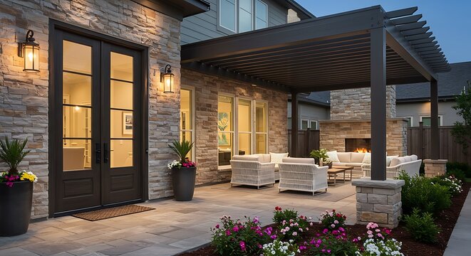 New Luxury Home Exterior Detail: New House Front Door and Covered Patio | Modern Architecture & Home Design Inspiration