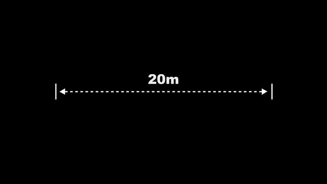 Measuring distance length dotted line animation. A dotted line representing a 20 meter measurement for design and layout purposes. 20 meter dimension dotted line for measurement.
