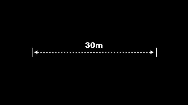 Measuring distance length dotted line animation. A dotted line representing a 30 meter measurement for design and layout purposes. 30 meter dimension dotted line for measurement.