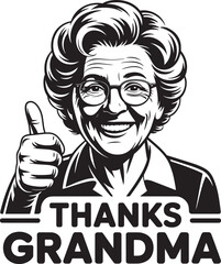 Grandma with thumbs up hand gesture, black white monochrome design, thanks text
