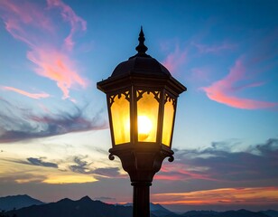 Ornate lamppost at sunset over mountains