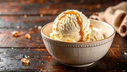 Three scoops of vanilla ice cream drizzled with caramel sauce in a beige bowl