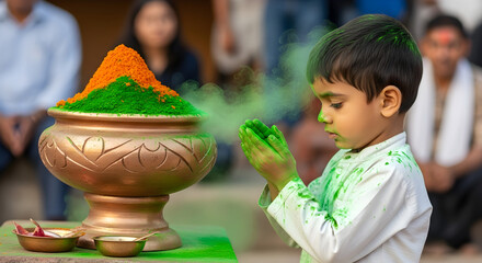 A young boy participates in a traditional Indian festival, holding green powder in prayer beside a decorative urn, symbolizing devotion, culture, and the vibrant spirit of celebration.

