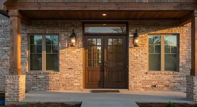 Front door and covered porch of new home exterior: solid wood door is flanked by sconce lights and has glass panels in upper portion and mullions. | Modern Architecture & Home Design Inspiration