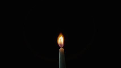 Tiny candle staying black background in stillness. Wax taper burning on dark