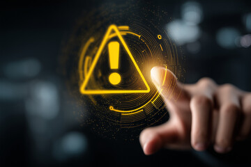 System warning alert on virtual interface with hand interaction. Concept of cybersecurity risk, data breach, malware. black and yellow