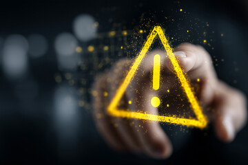 System warning alert on virtual interface with hand interaction. Concept of cybersecurity risk, data breach, malware. black and yellow