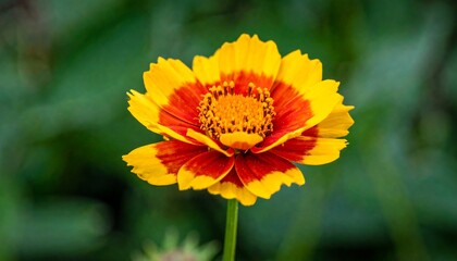 Vibrant daisy-like flower, radiating yellow petals tipped with red, against blurred green