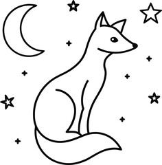 patterned fox sitting under stars and moon illustration on transparent background