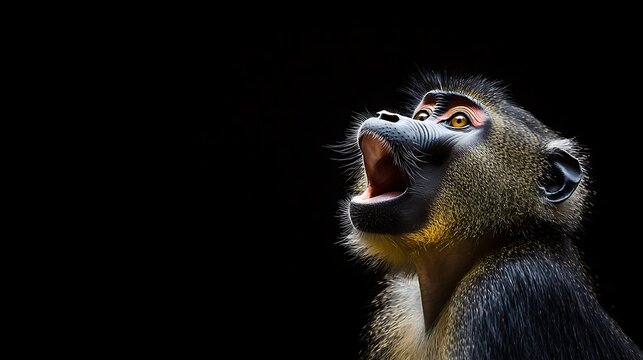 A mandrill monkey opens its mouth wide, looking upwards with a dark background