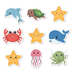 Cute Cartoon Vector Icons of Sea Animals