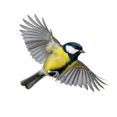 Naklejka premium Vibrant Great Tit bird mid-flight, wings extended, glossy black head, yellow underside, grey-blue wings, white studio background with copy space, bright lighting, dynamic motion and freedom concept