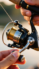 Fishing action close-up riverbank equipment focus natural light