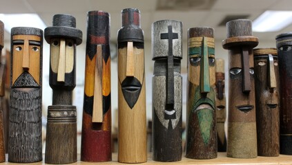 A collection of stylized wooden figures, each with a unique face and expression, displayed in a row.